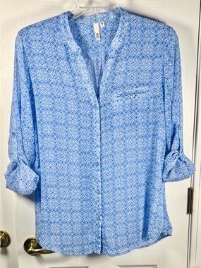Kut from the Kloth Jasmine Chiffon Sheer Blouse Geometric Pattern Blue XL